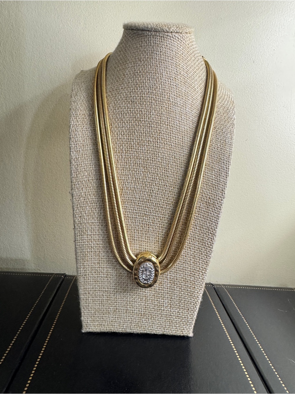 Vintage LC signed Gold Multi-Strand Necklace with Oval Pendant